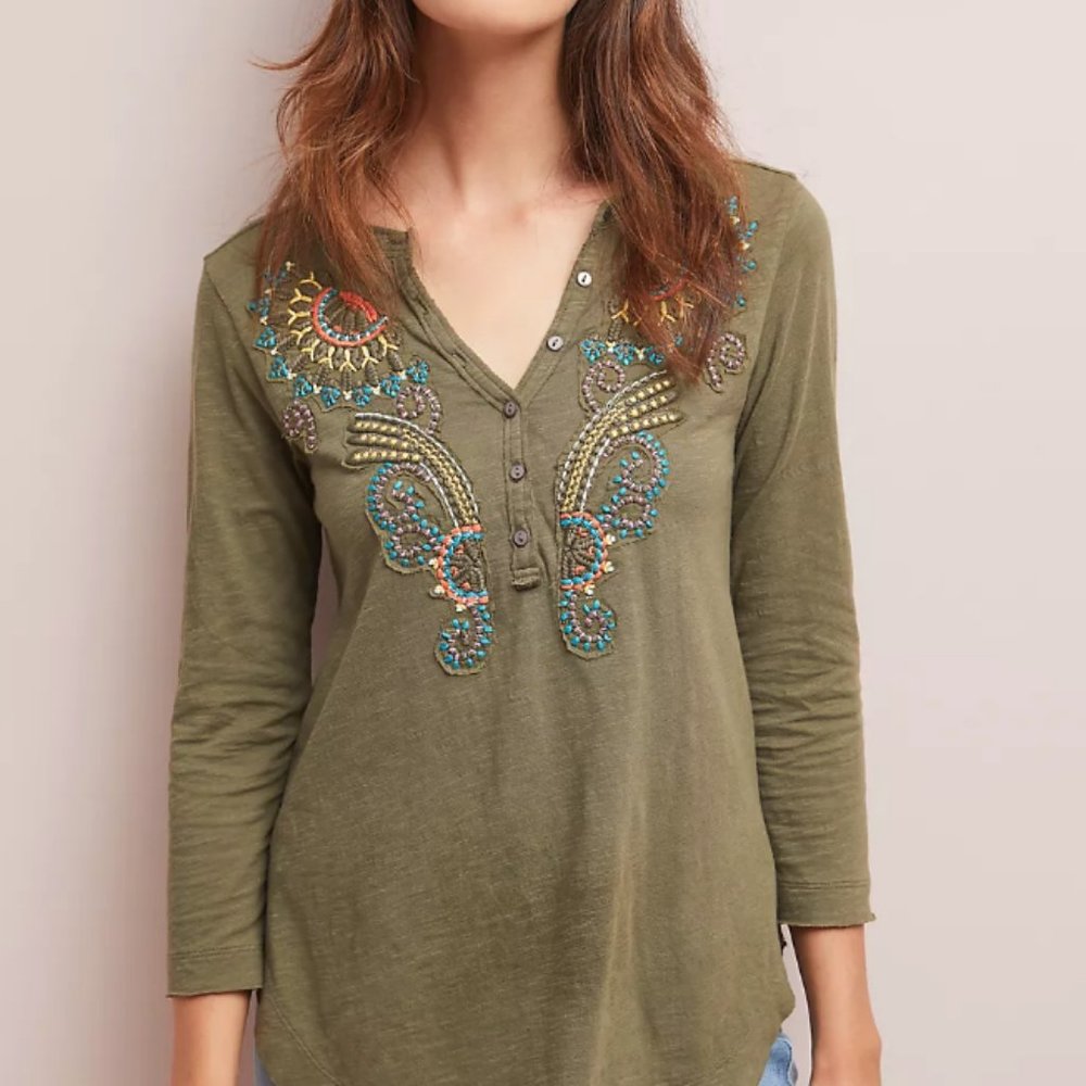Anthropologie Embroidered Henley Top - XL - Akemi + Kin Green Boho Shirt